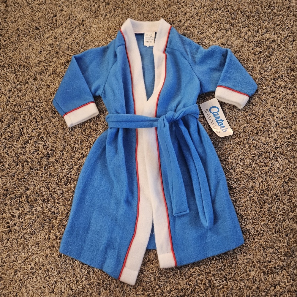 Vintage Carter's Sleepwear Kids Size M 4-5 Bath Robe Fleece Blue White Red NWT